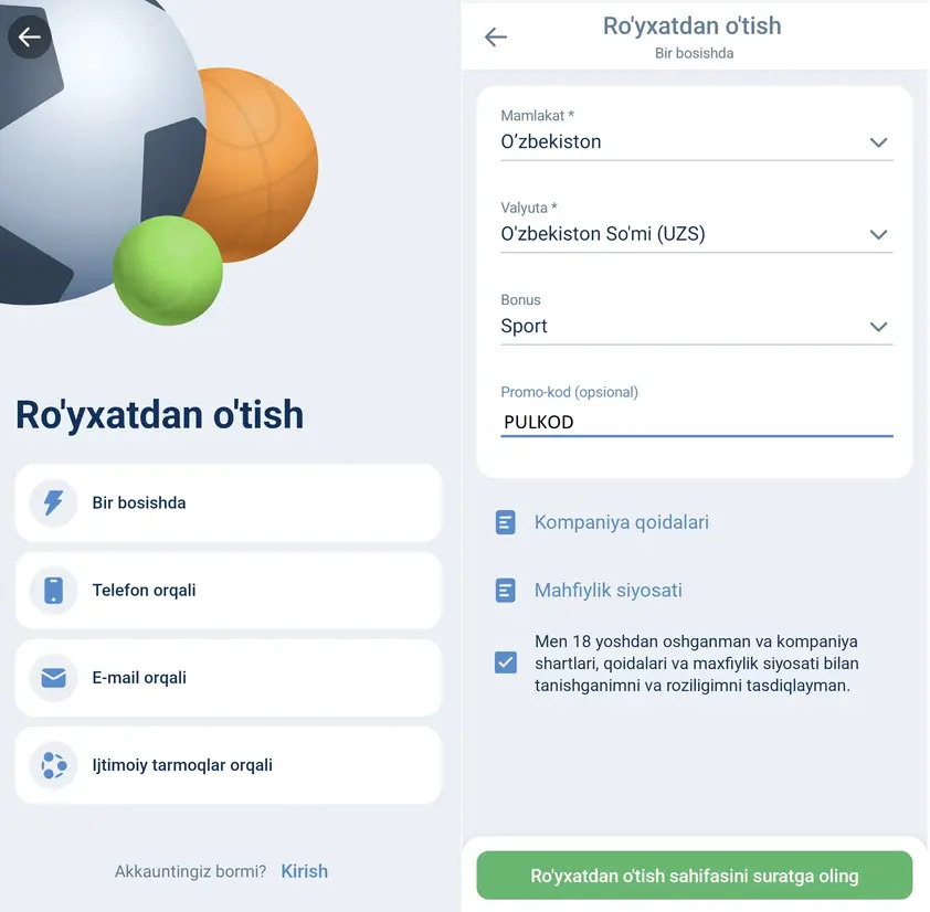 1xbetda bir klik registratsiya usuli