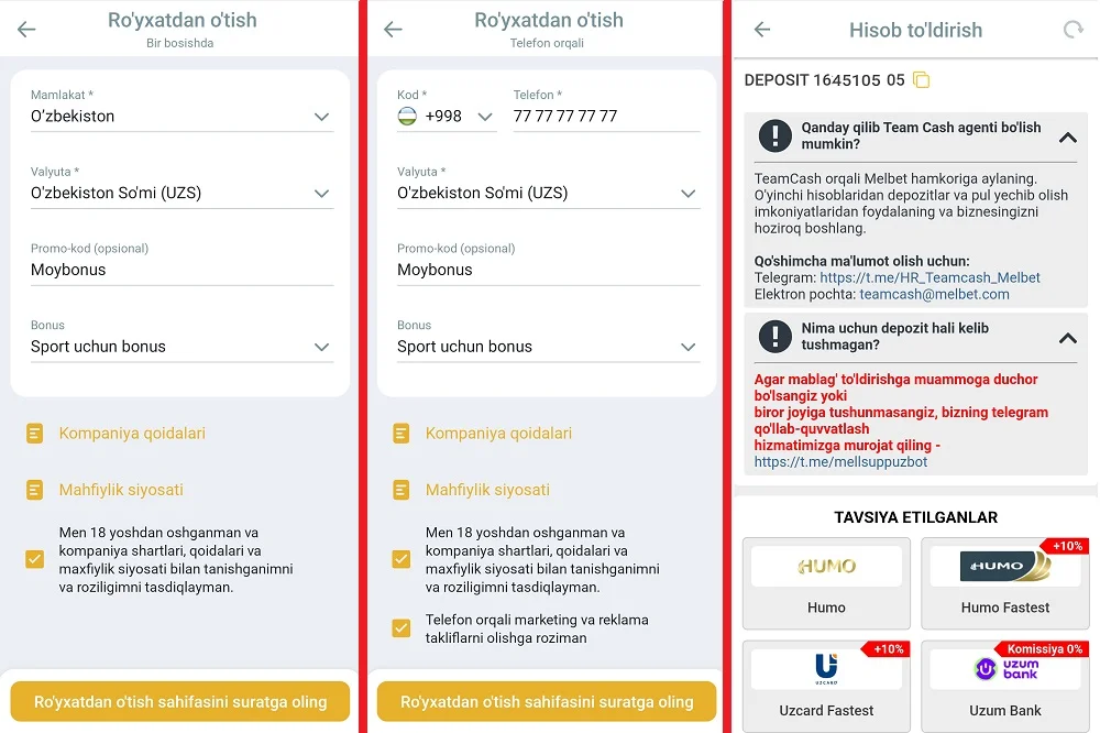 melbet registratsiya qilish formasi